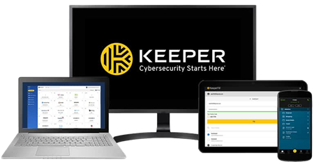 Keeper Password Manager on a laptop, monitor, tablet and phone